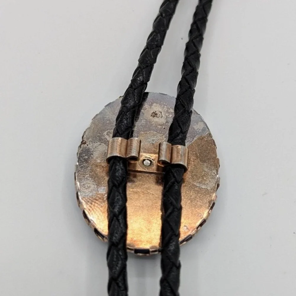 Vintage Western Bolo Tie Blue Faux Turquoise Oval Gold Silver Tone Black Cord‎